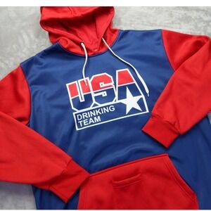 USA Drinking Team Hoodie Men's XL Blue Red Beer Can Holder Pocket Patriotic Star